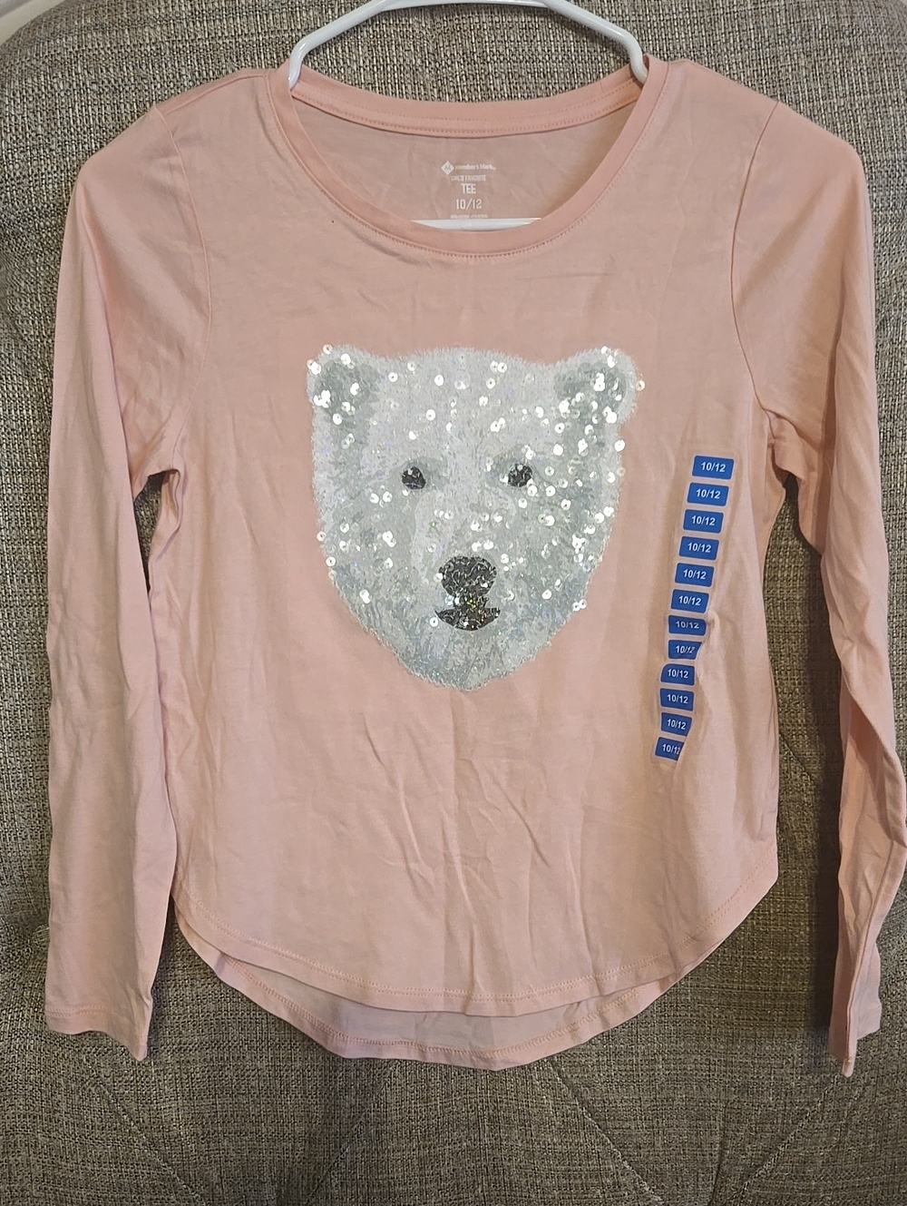 Girls' 10/12  Pink Sequin Polar Bear Long-Sleeve Top
